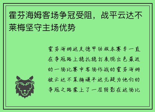 霍芬海姆客场争冠受阻，战平云达不莱梅坚守主场优势