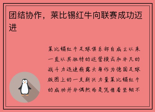 团结协作，莱比锡红牛向联赛成功迈进