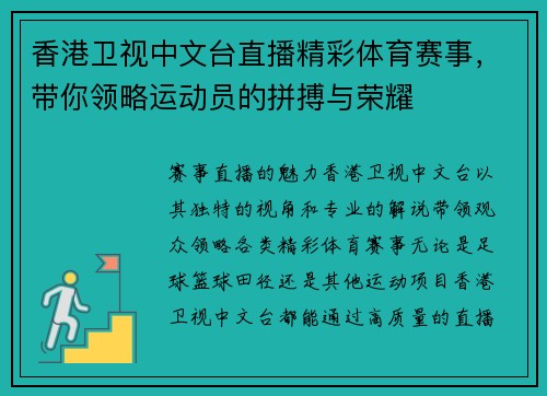 香港卫视中文台直播精彩体育赛事，带你领略运动员的拼搏与荣耀
