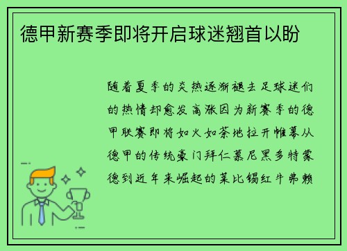 德甲新赛季即将开启球迷翘首以盼